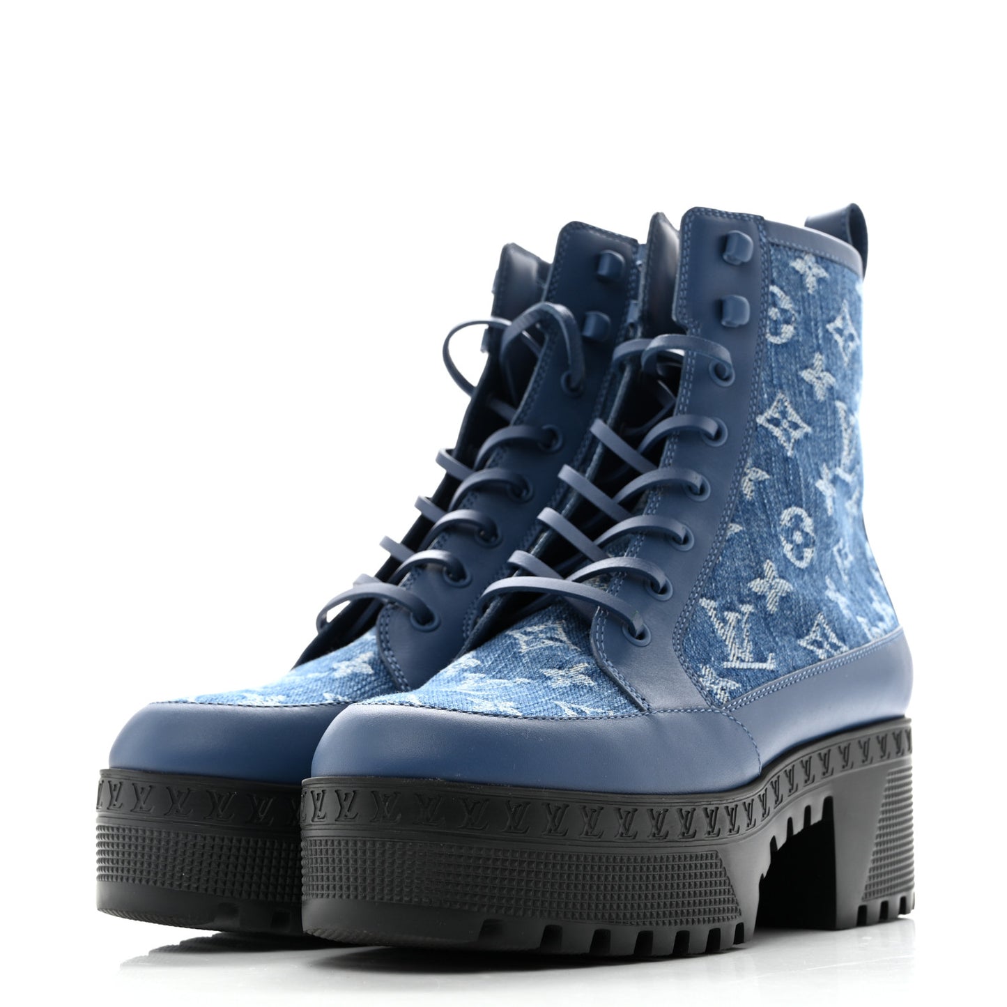 Calfskin Monogram Denim Laureate Platform Desert Boots 38 Blue