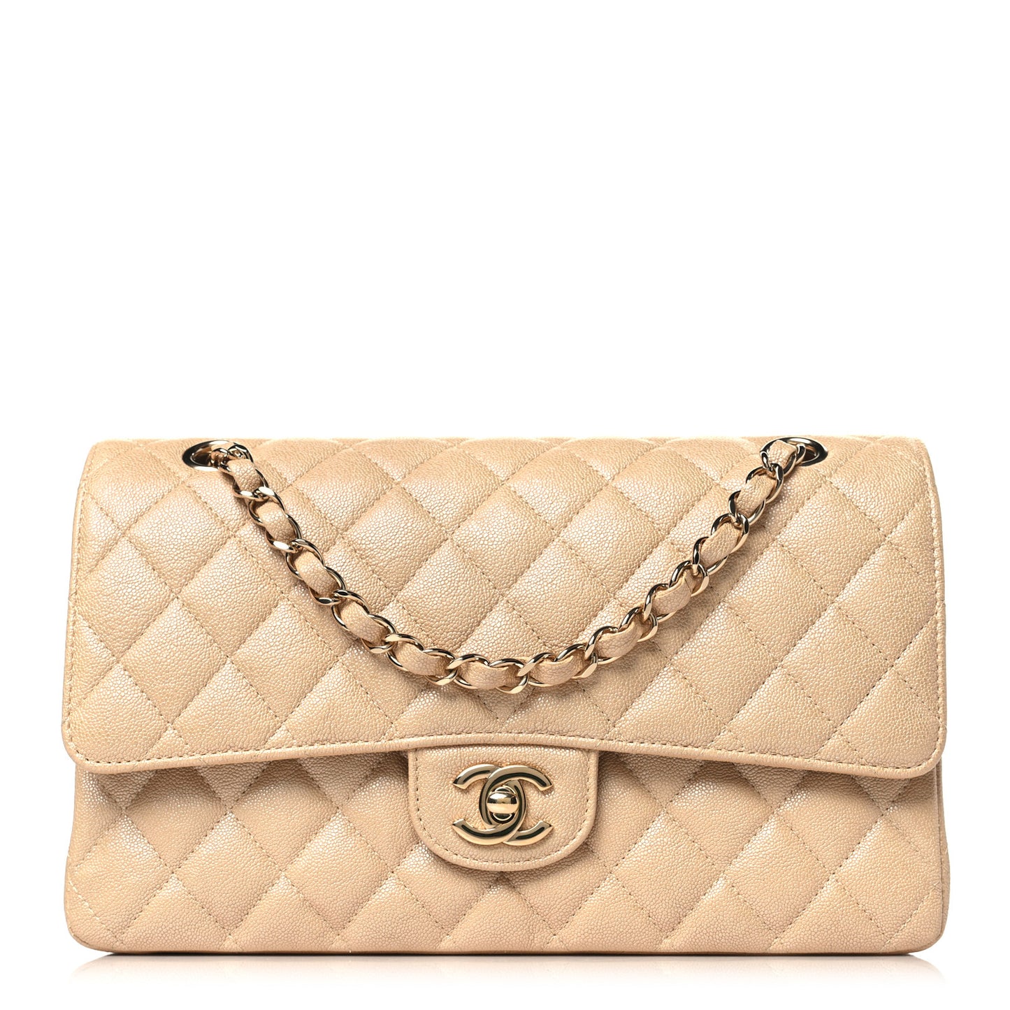 Iridescent Caviar Quilted Medium Double Flap Beige