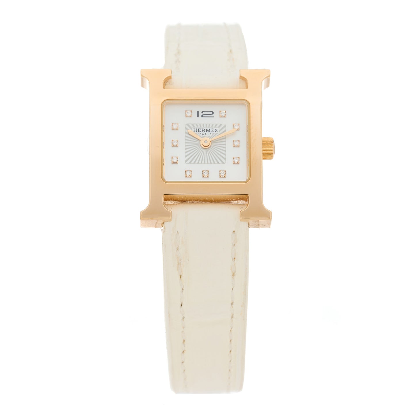 Stainless Steel Alligator Diamond Mother of Pearl 17.2mm Heure H Hour Quartz Watch Blanc