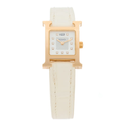 Hermes Stainless Steel Alligator Diamond Mother of Pearl 17.2mm Heure H Hour Quartz Watch Blanc 1 of 5