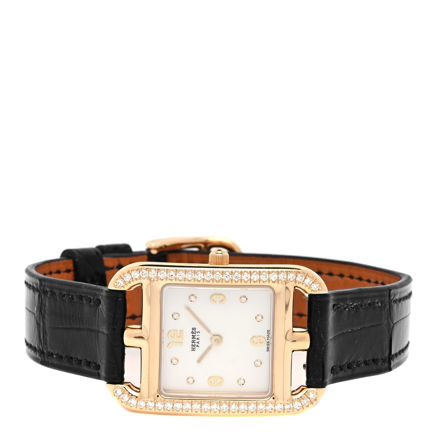 18K Yellow Gold Alligator Diamond Bezel Mother of Pearl 23mm Cape Cod Quartz Watch Noir