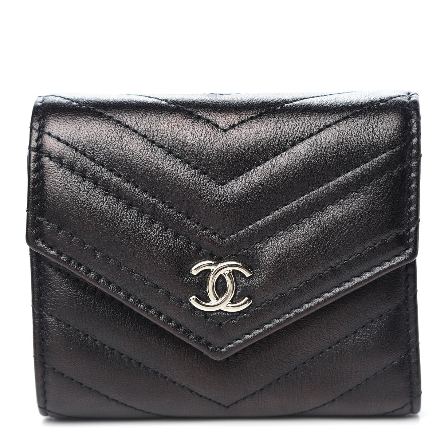 Calfskin Chevron Quilted Compact Flap Wallet Black