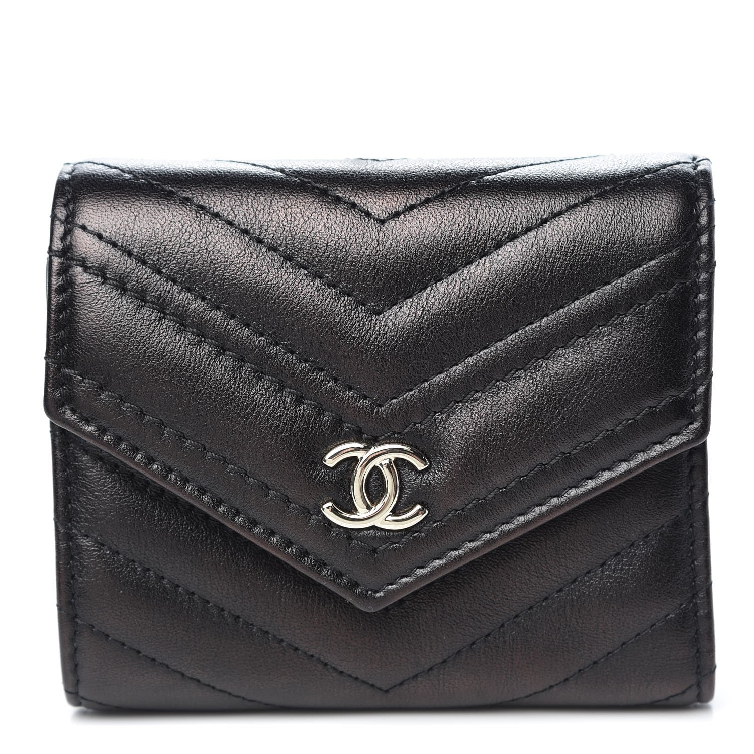 Chanel Calfskin Chevron Quilted Compact Flap Wallet Black 1 of 8