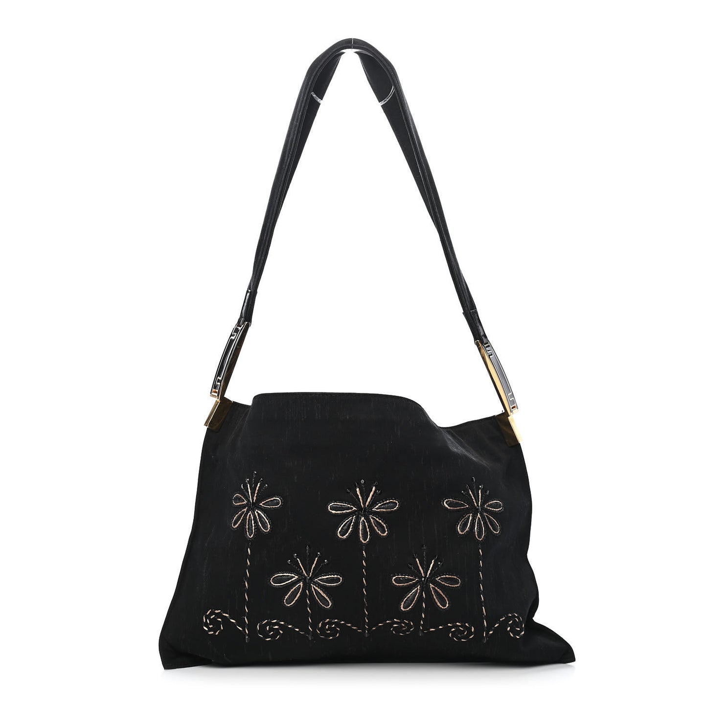 Neoprene Raffia Flower Embroidered Shoulder Bag Black
