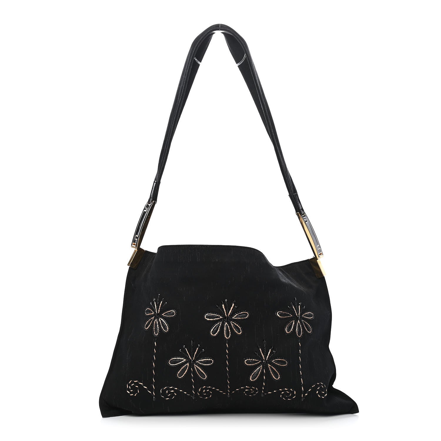 Fendi Neoprene Raffia Flower Embroidered Shoulder Bag Black 1 of 9