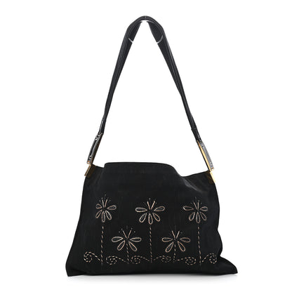 Fendi Neoprene Raffia Flower Embroidered Shoulder Bag Black 1 of 9