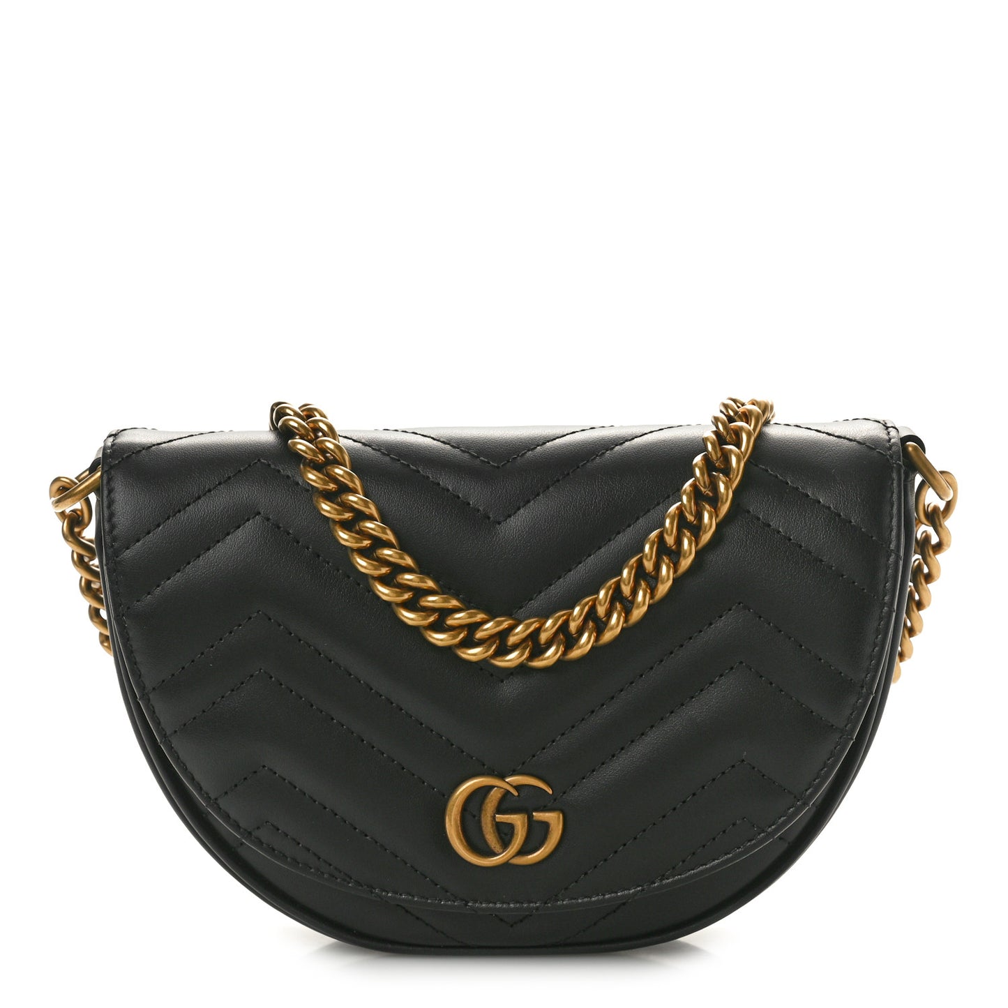Calfskin Matelasse Mini GG Marmont Chain Half Moon Crossbody Bag Black