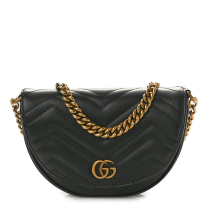 Gucci Calfskin Matelasse Mini GG Marmont Chain Half Moon Crossbody Bag Black 1 of 10