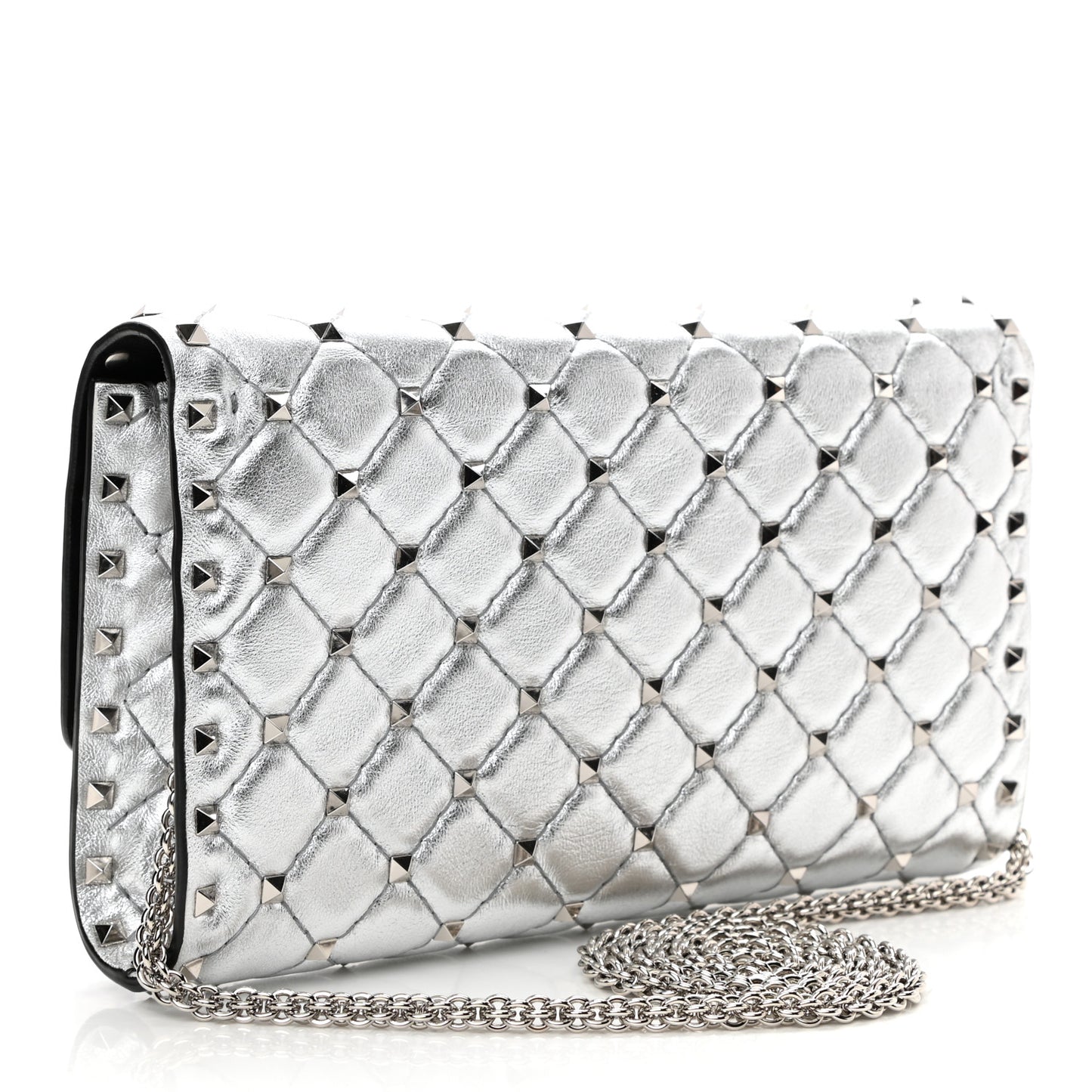 Metallic Lambskin Rockstud Spike Wallet on Chain Silver