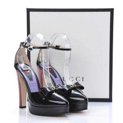 Gucci Patent Crystal GG Bow Sadie Spike Ankle Strap d'Orsay Platform High Heel Pumps 38 Black 8 of 8
