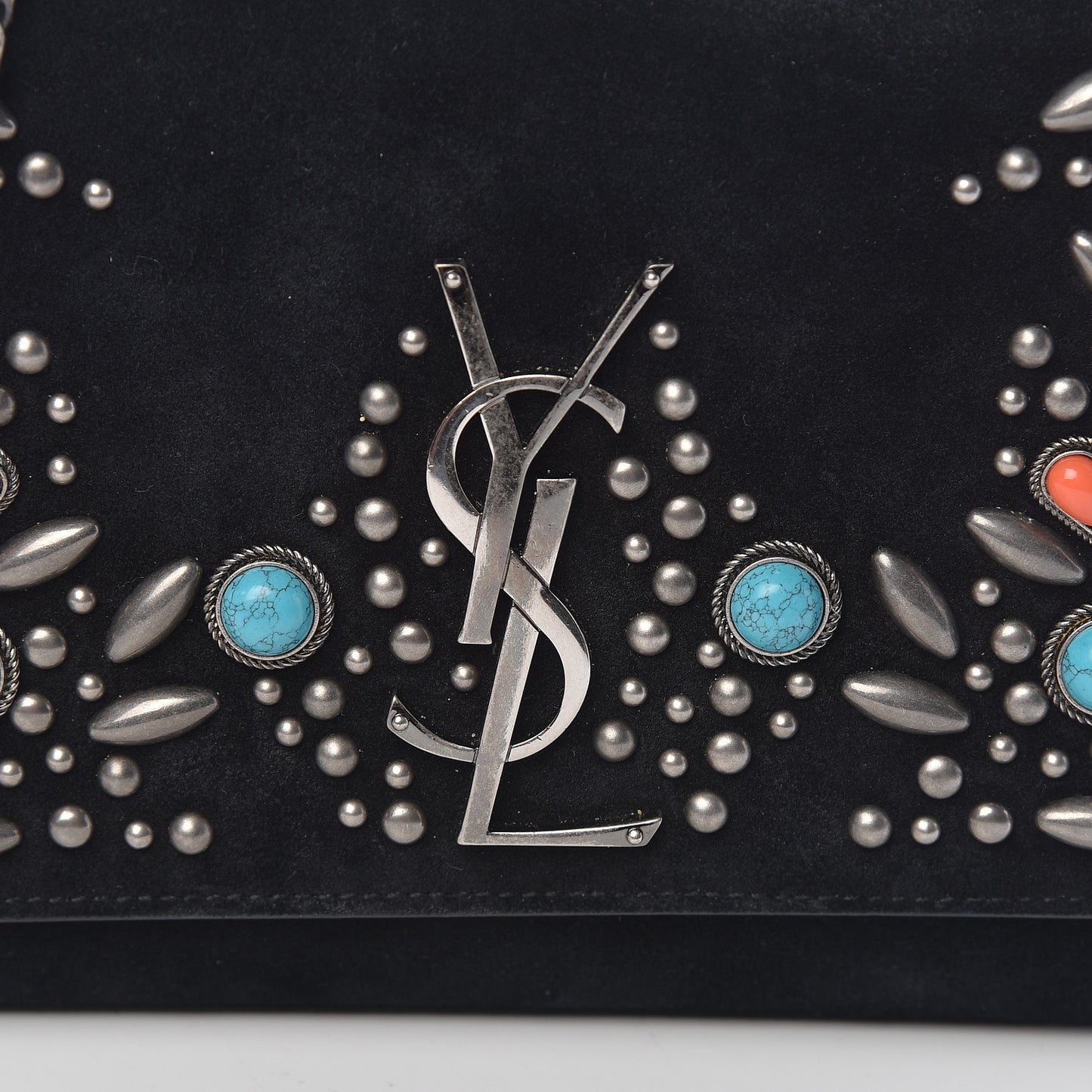 Suede Small Monogram Stone Studded Kate Satchel Black Turquoise Coral