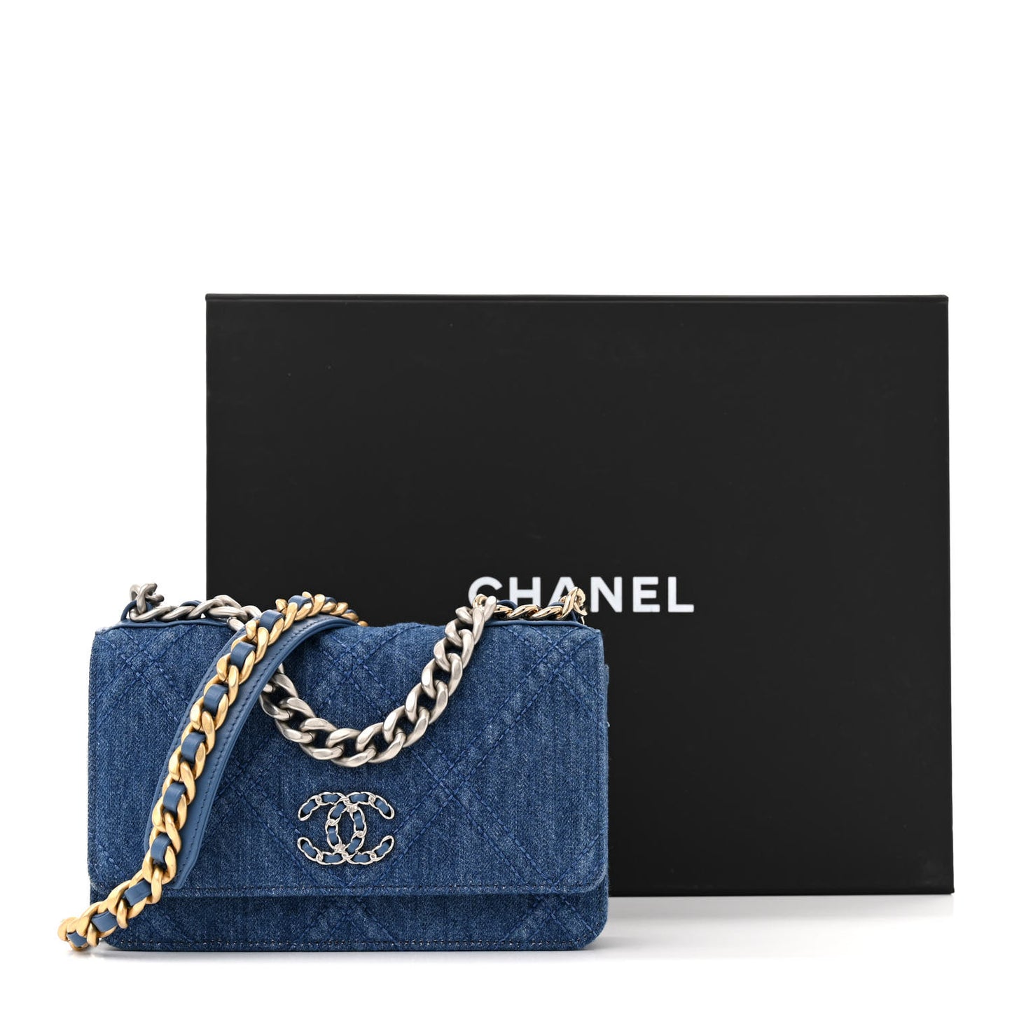 Denim Quilted Chanel 19 Wallet On Chain WOC Blue