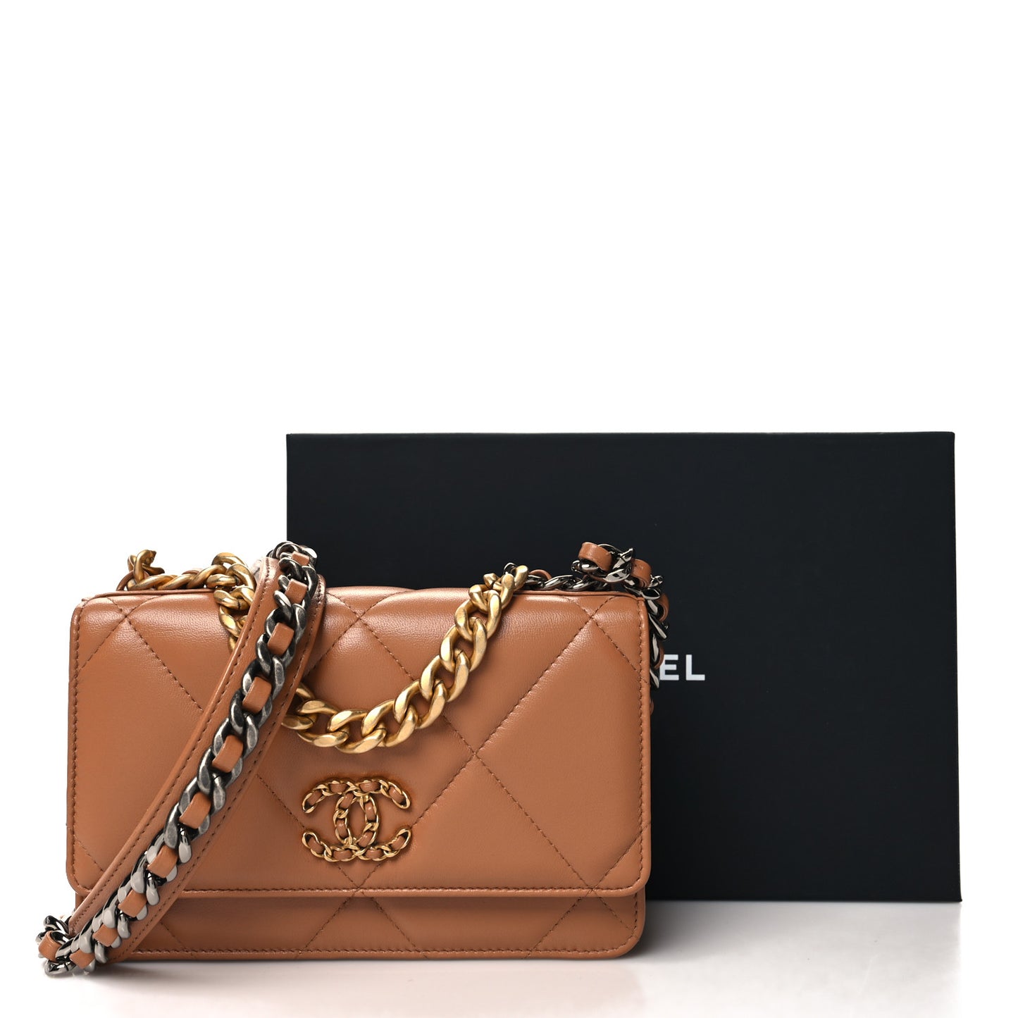 Lambskin Quilted Chanel 19 Wallet On Chain WOC Brown
