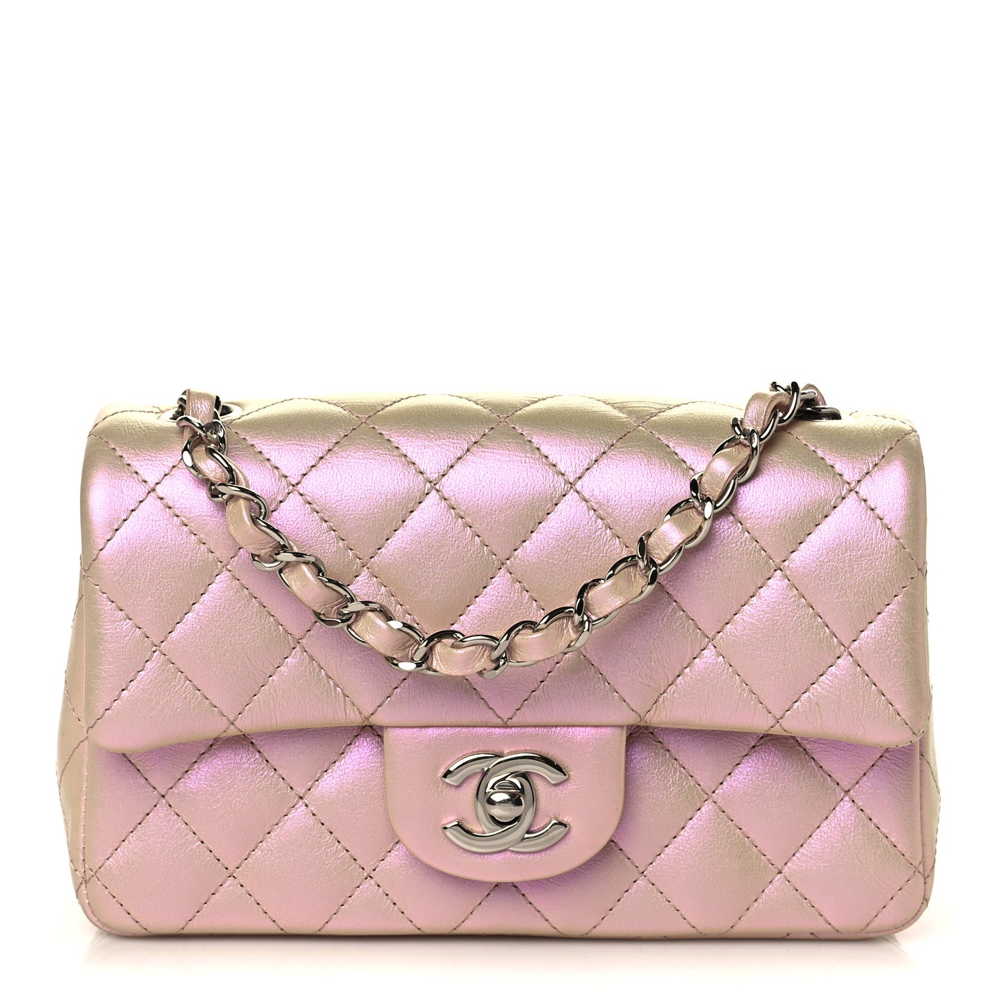 Iridescent Calfskin Quilted Mini Rectangular Flap Pink