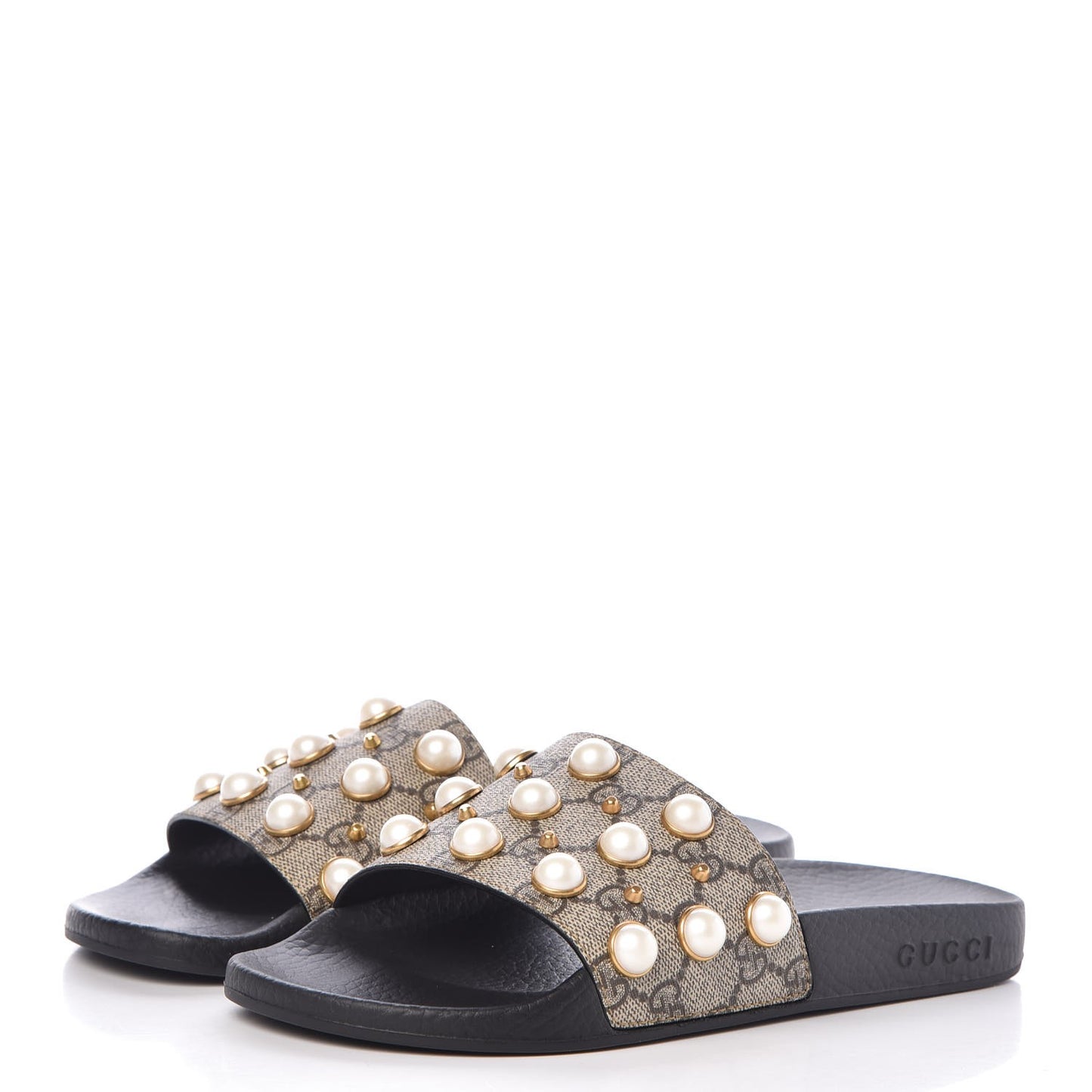 GG Supreme Monogram Pearls Slide Sandals 37 Beige
