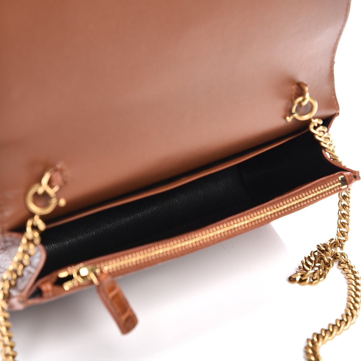 Calfskin Crocodile Embossed Kate Monogram Tassel Chain Wallet Cognac
