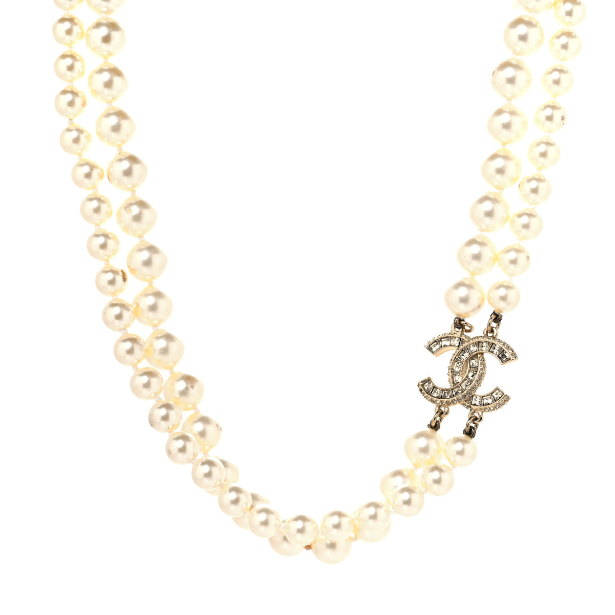 Baguette Crystal Pearl CC Double Strand Necklace Gold