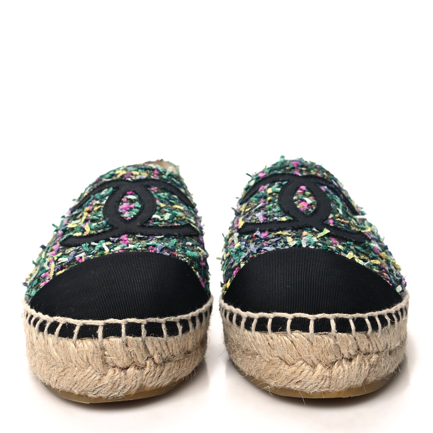 Chanel Tweed Grosgrain CC Espadrilles 38 Green Pink Yellow Black 2 of 10