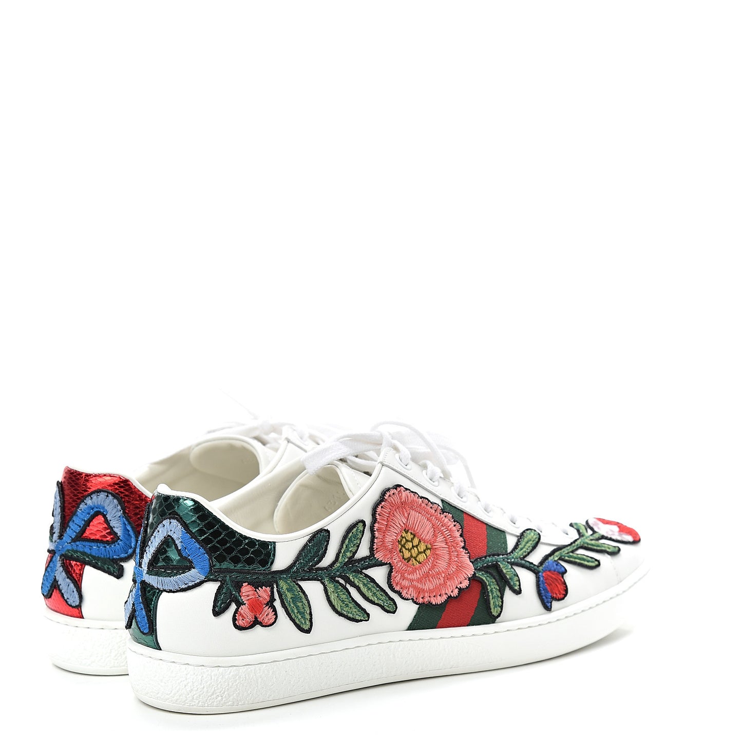 Calfskin Web Floral Embroidered Womens Ace Sneakers 40 White