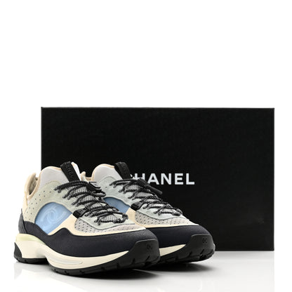 Chanel Fabric Suede Calfskin Mesh Womens CC Sneakers 43 Black Blue Ivory 11 of 11