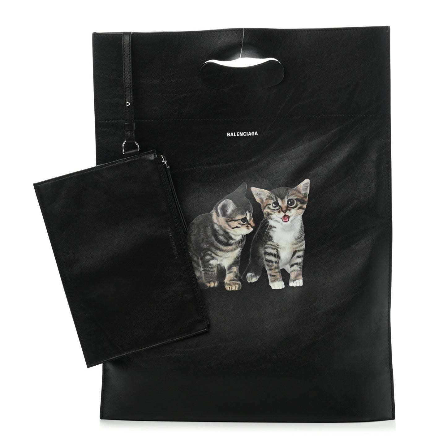 Calfskin Printed Kitten Plastic Bag Shopper S Black