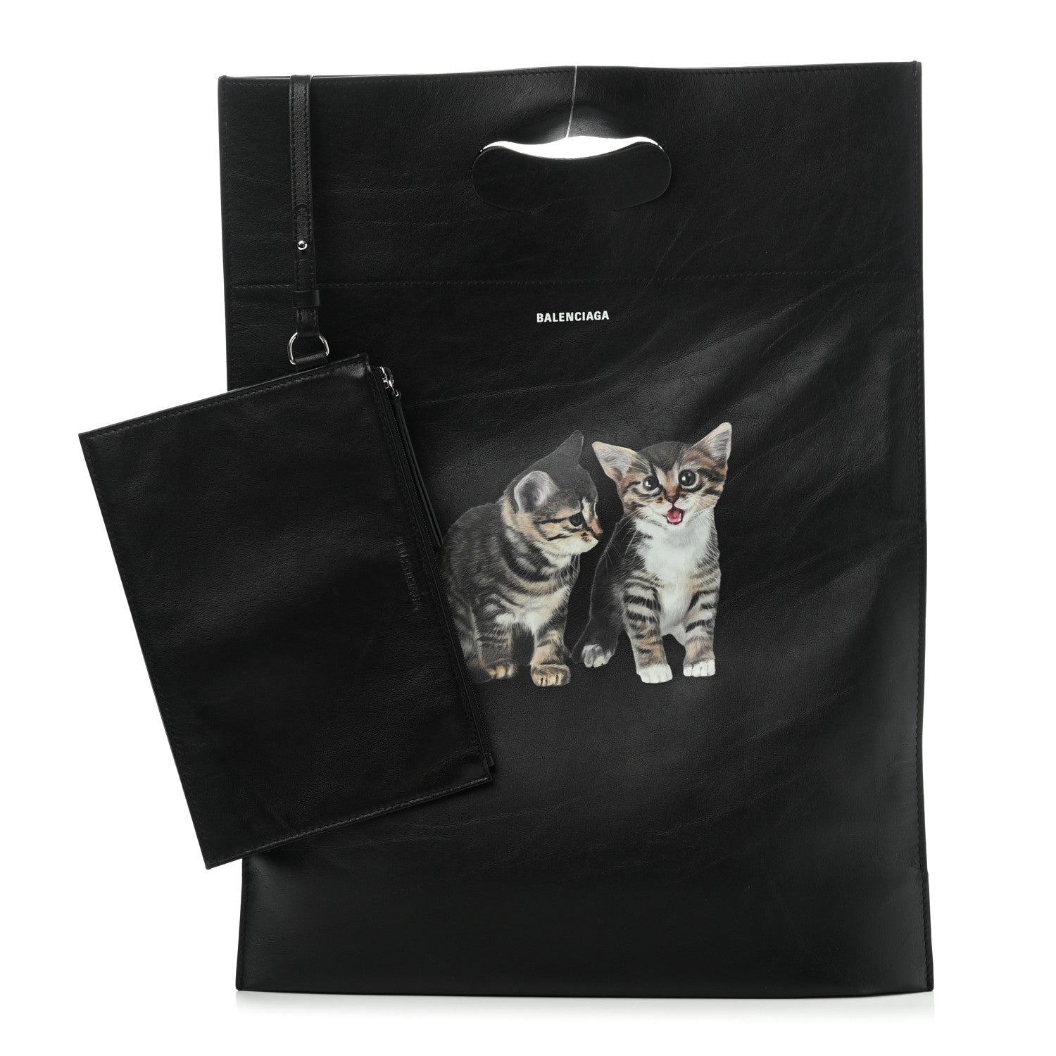 Balenciaga Calfskin Printed Kitten Plastic Bag Shopper S Black 1 of 13