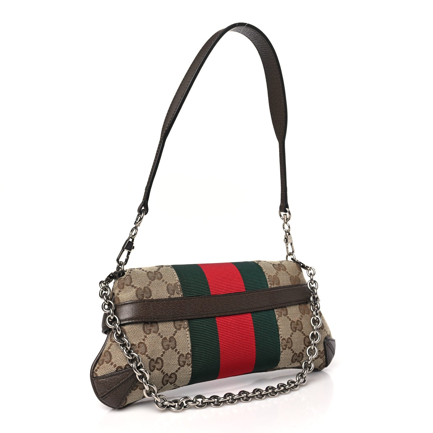 Gucci Monogram Textured Dollar Calfskin Heavy Grosgrain Web Small Maxi Horsebit Chain Shoulder Bag Beige Ebony New Acero 3 of 10
