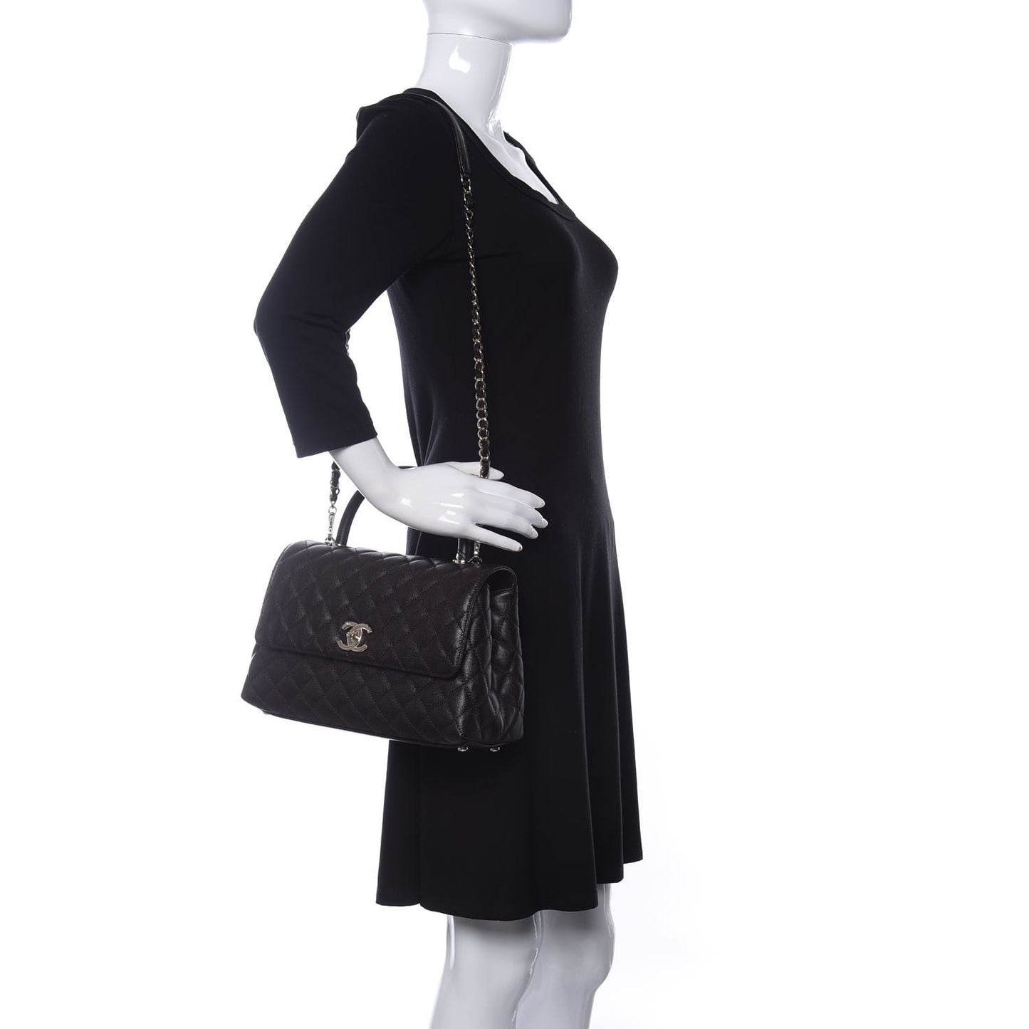 Caviar Quilted Small Coco Handle Flap Dark Brown