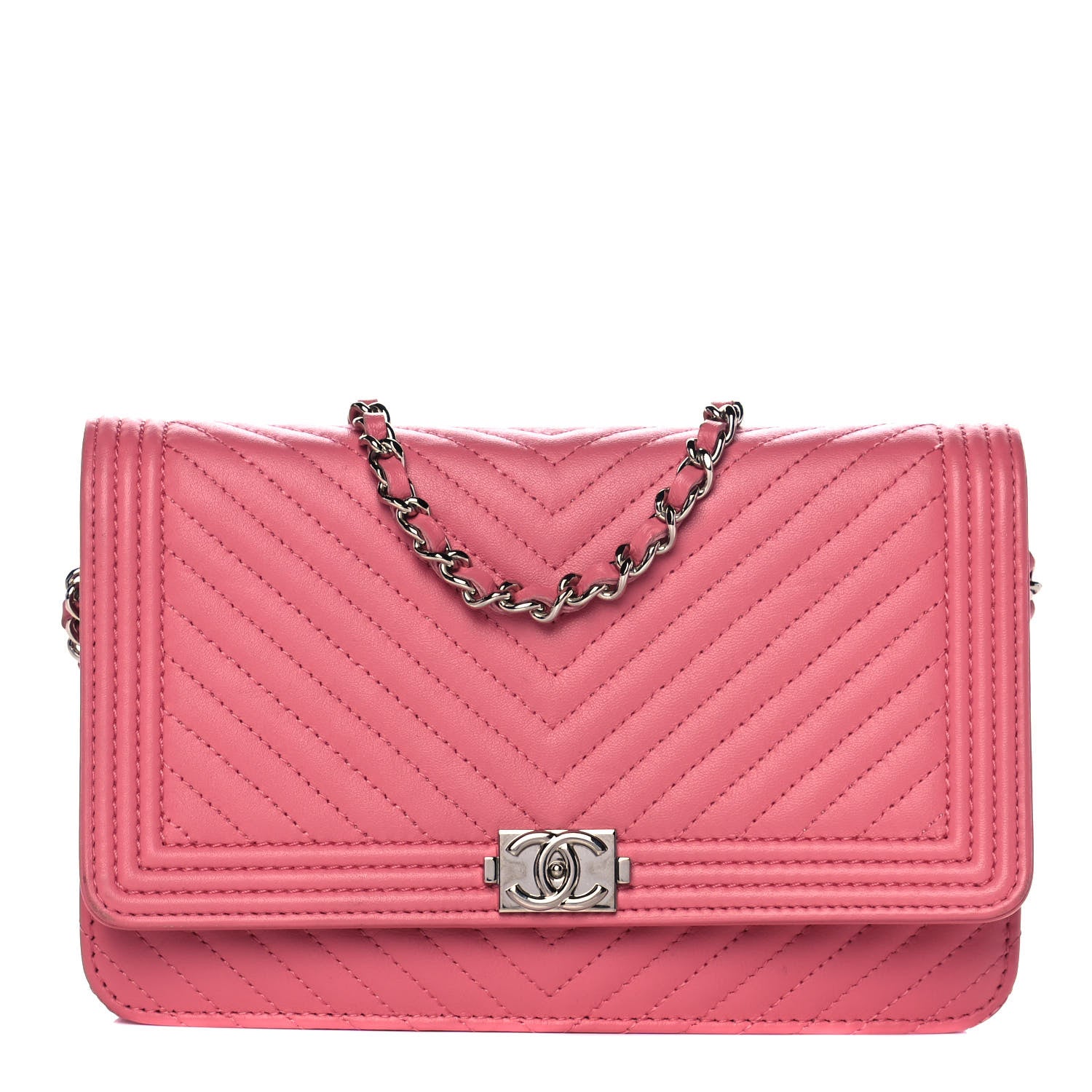 Chanel Calfskin Chevron Quilted Boy Wallet On Chain WOC Pink 1 of 13