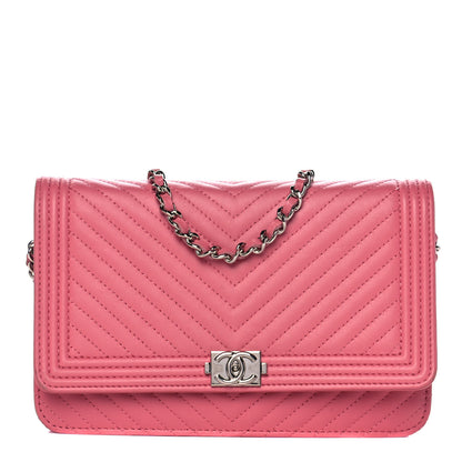 Chanel Calfskin Chevron Quilted Boy Wallet On Chain WOC Pink 1 of 13