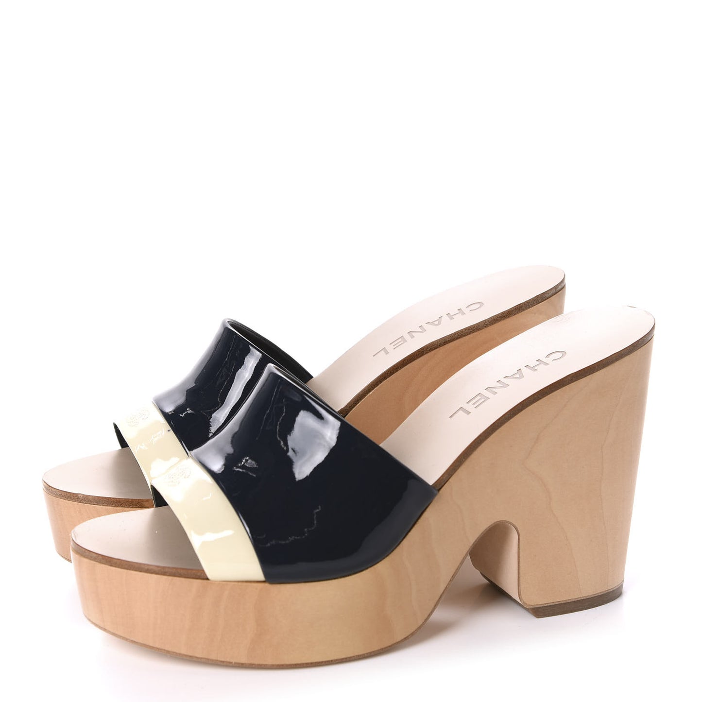 Patent Calfskin Wood CC Mules 39.5 Black Ivory