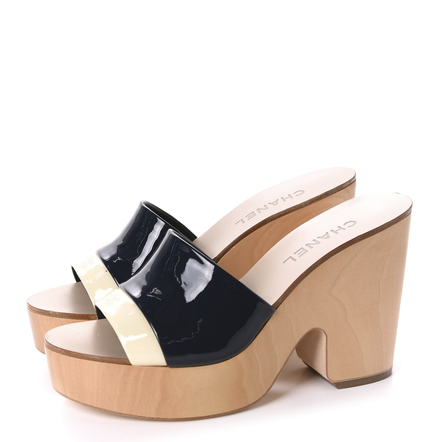 Chanel Patent Calfskin Wood CC Mules 39.5 Black Ivory 3 of 10