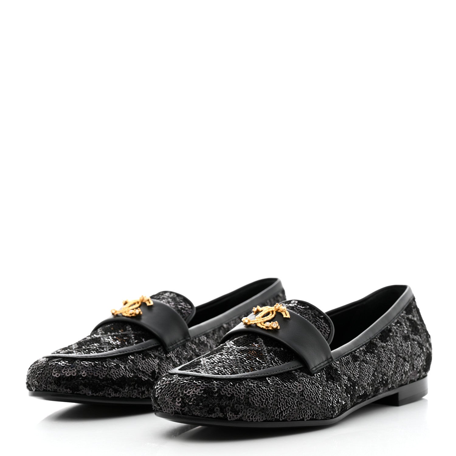 Chanel Sequin Lambskin Quilted CC Loafers 37.5 Black 3 of 9