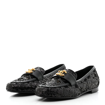 Chanel Sequin Lambskin Quilted CC Loafers 37.5 Black 3 of 9