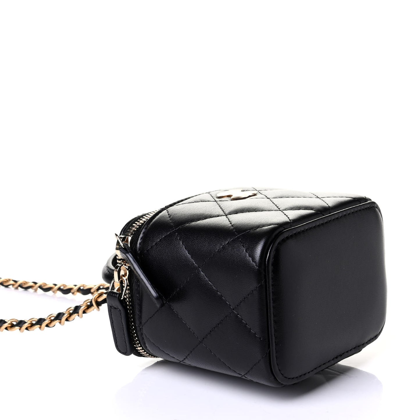 Lambskin Quilted Top Handle Mini Vanity Case With Chain Black