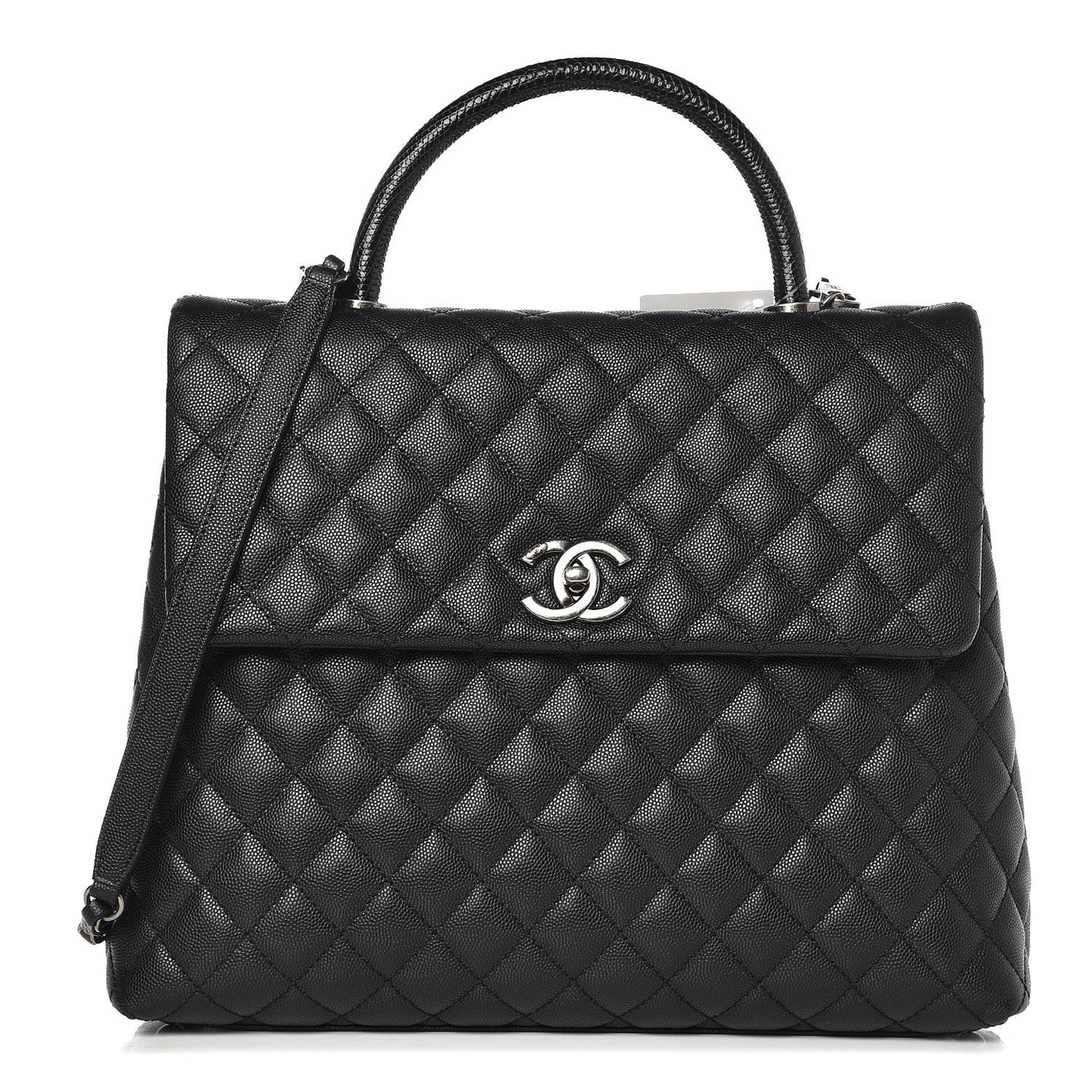 Caviar Lizard Quilted Large Coco Handle Flap Black