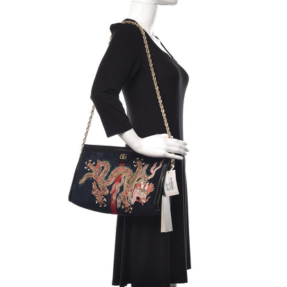 Gucci Suede Patent Web Dragon Embroidered Medium Ophidia Chain Shoulder Bag Blue Multicolor Black 2 of 10