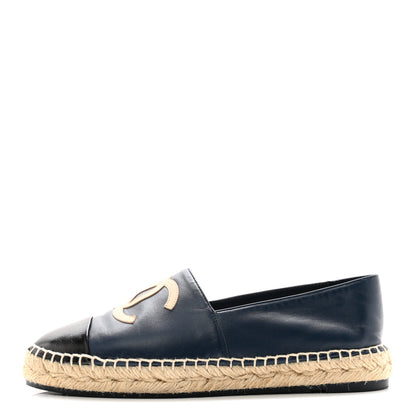 Chanel Lambskin Shiny Calfskin CC Espadrilles 39 Navy Blue Beige Black 1 of 9