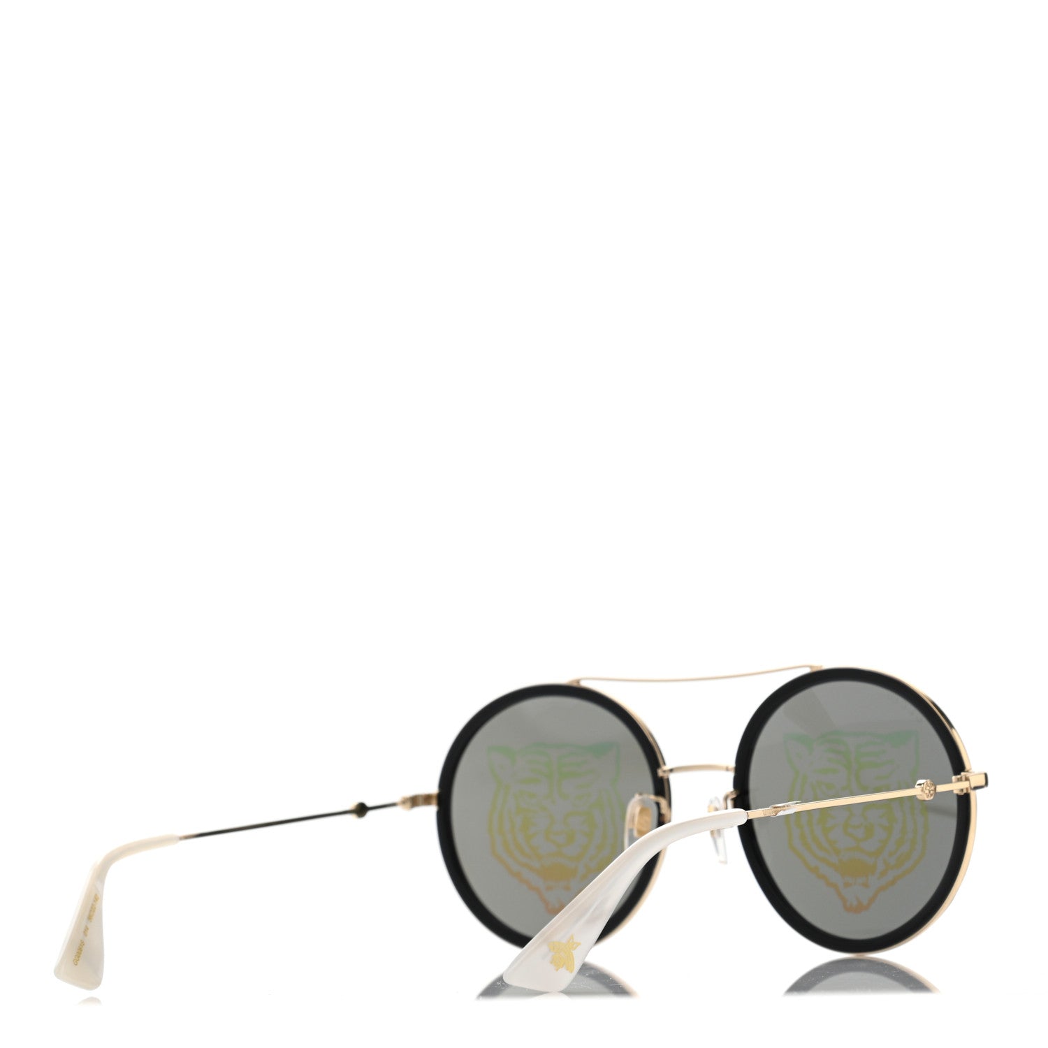 Gucci Metal Round Frame Tiger Print Sunglasses GG0061S Gold 4 of 10