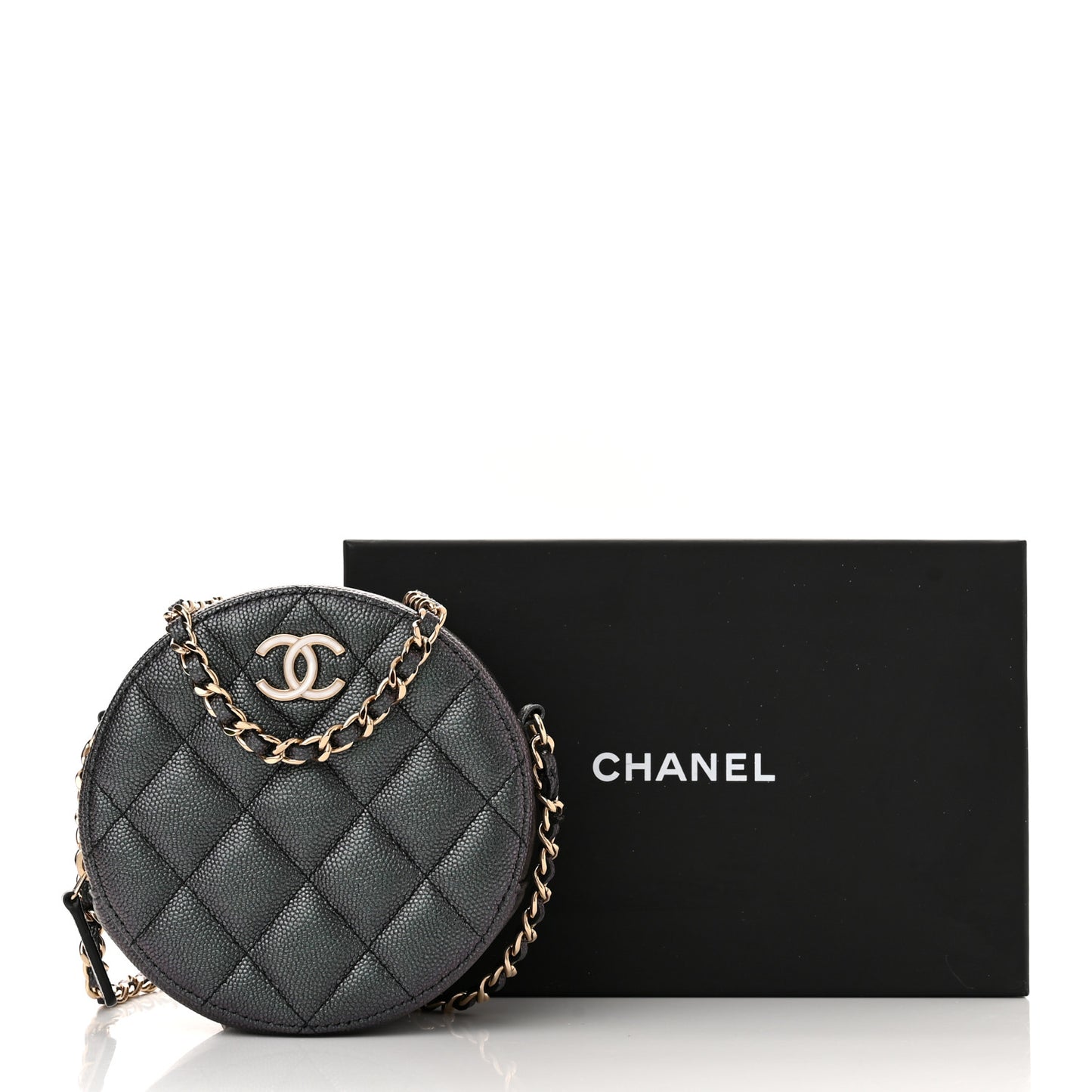 Iridescent Caviar Quilted Round Clutch With Chain Black