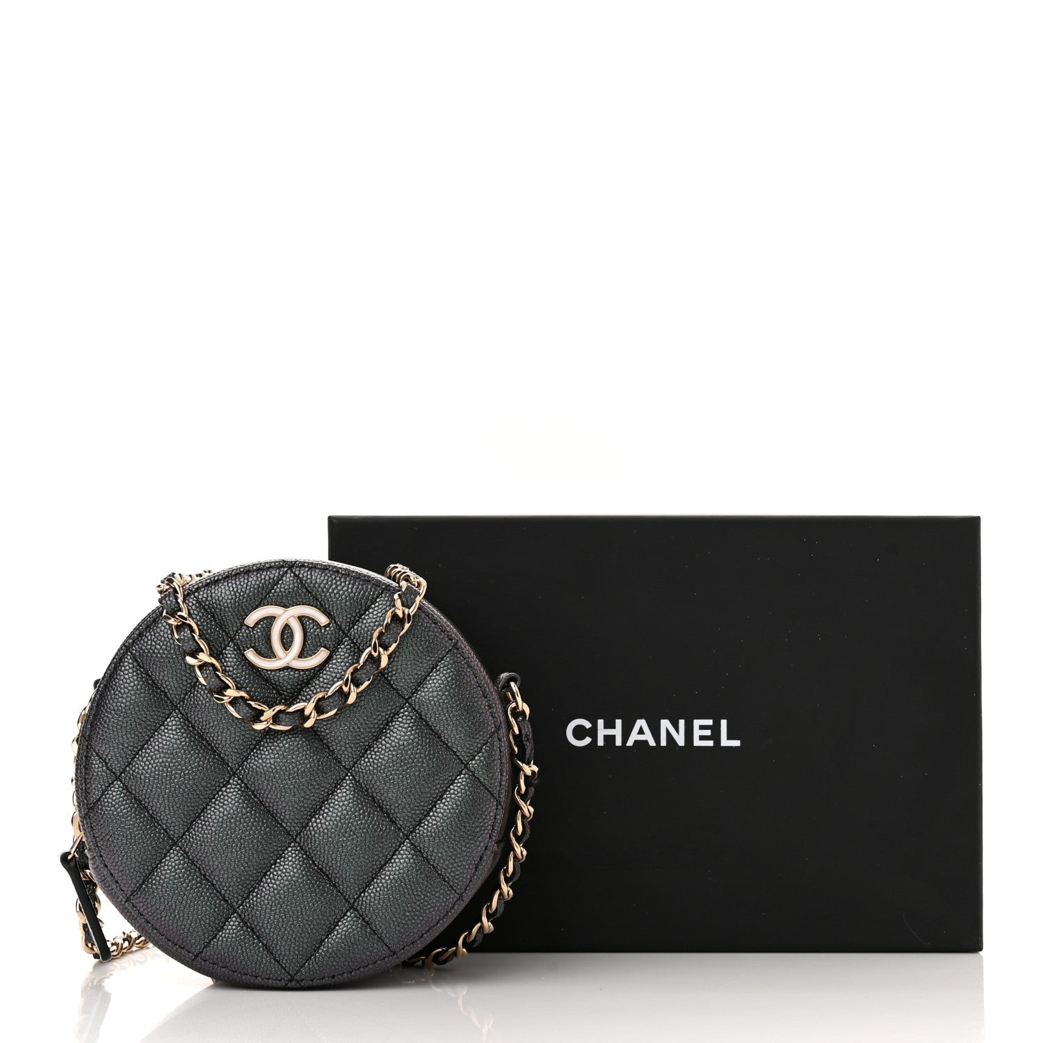 Chanel Iridescent Caviar Quilted Round Clutch With Chain Black 11 of 11