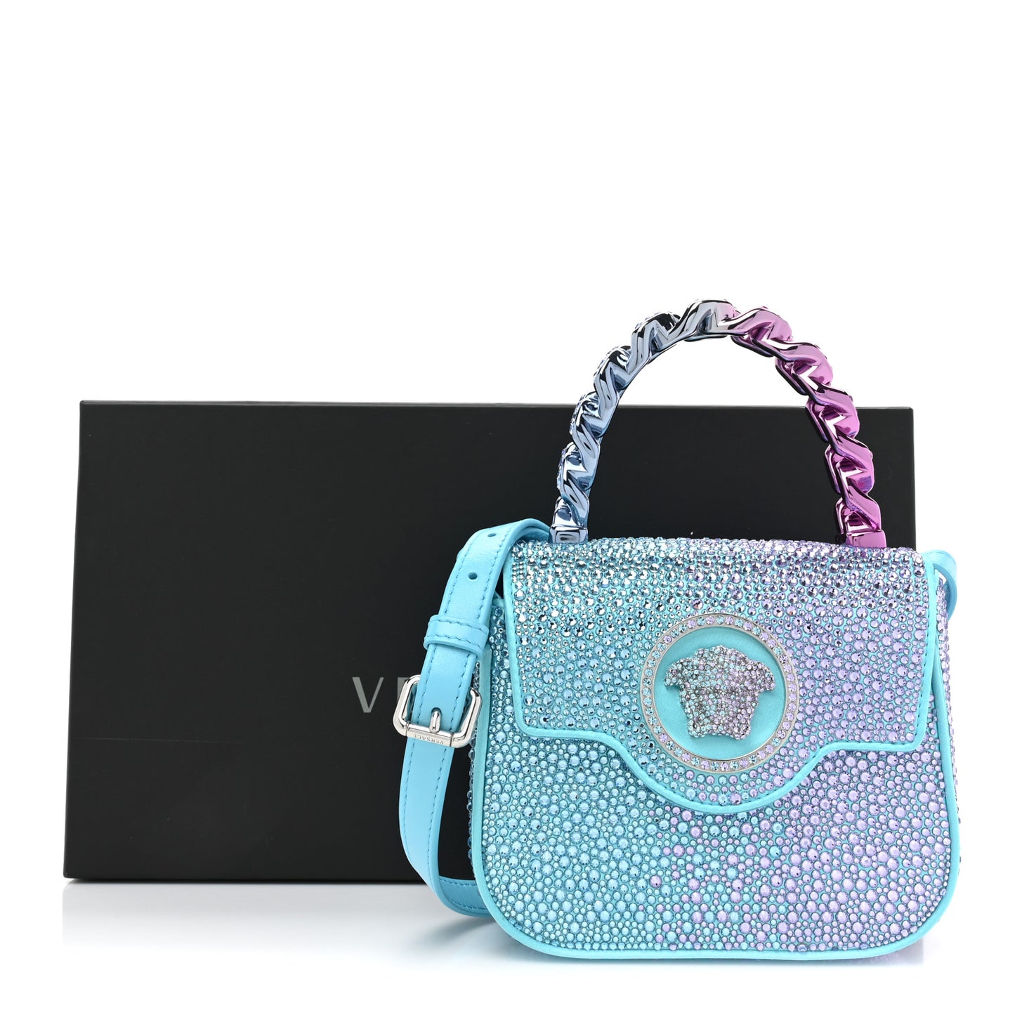 Satin Crystal Studded Mini La Medusa Bag Blue