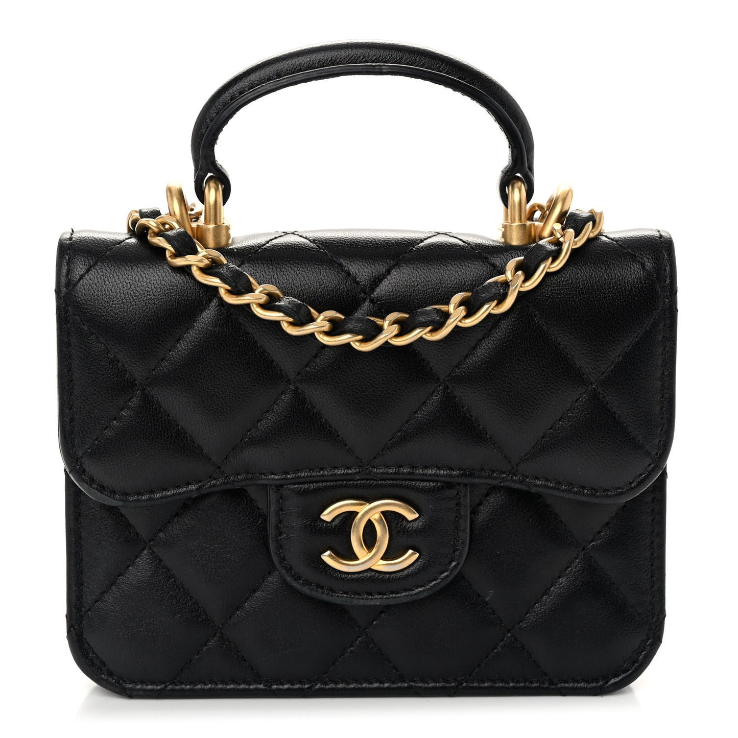 Lambskin Quilted Top Handle Flap Coin Purse With Chain Black