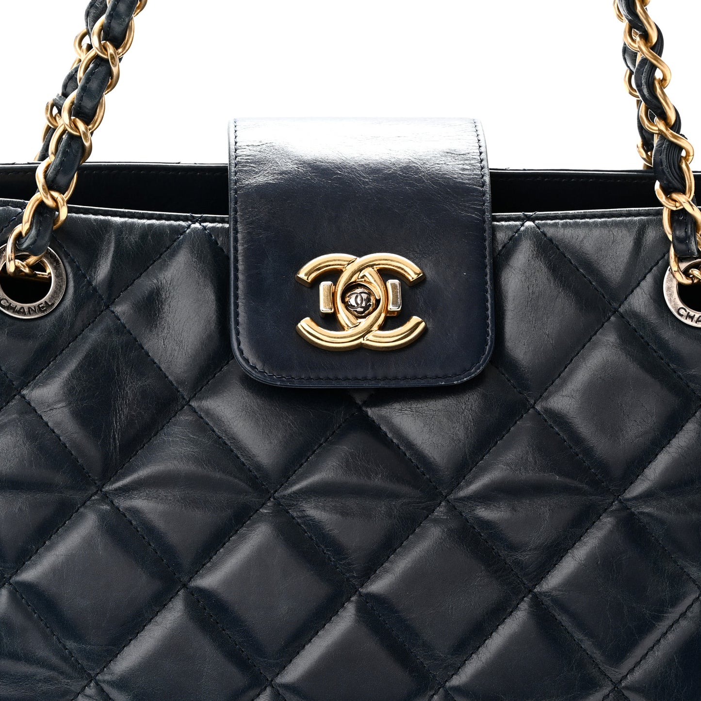 Glazed Calfskin Quilted Daily Walk Tote Navy