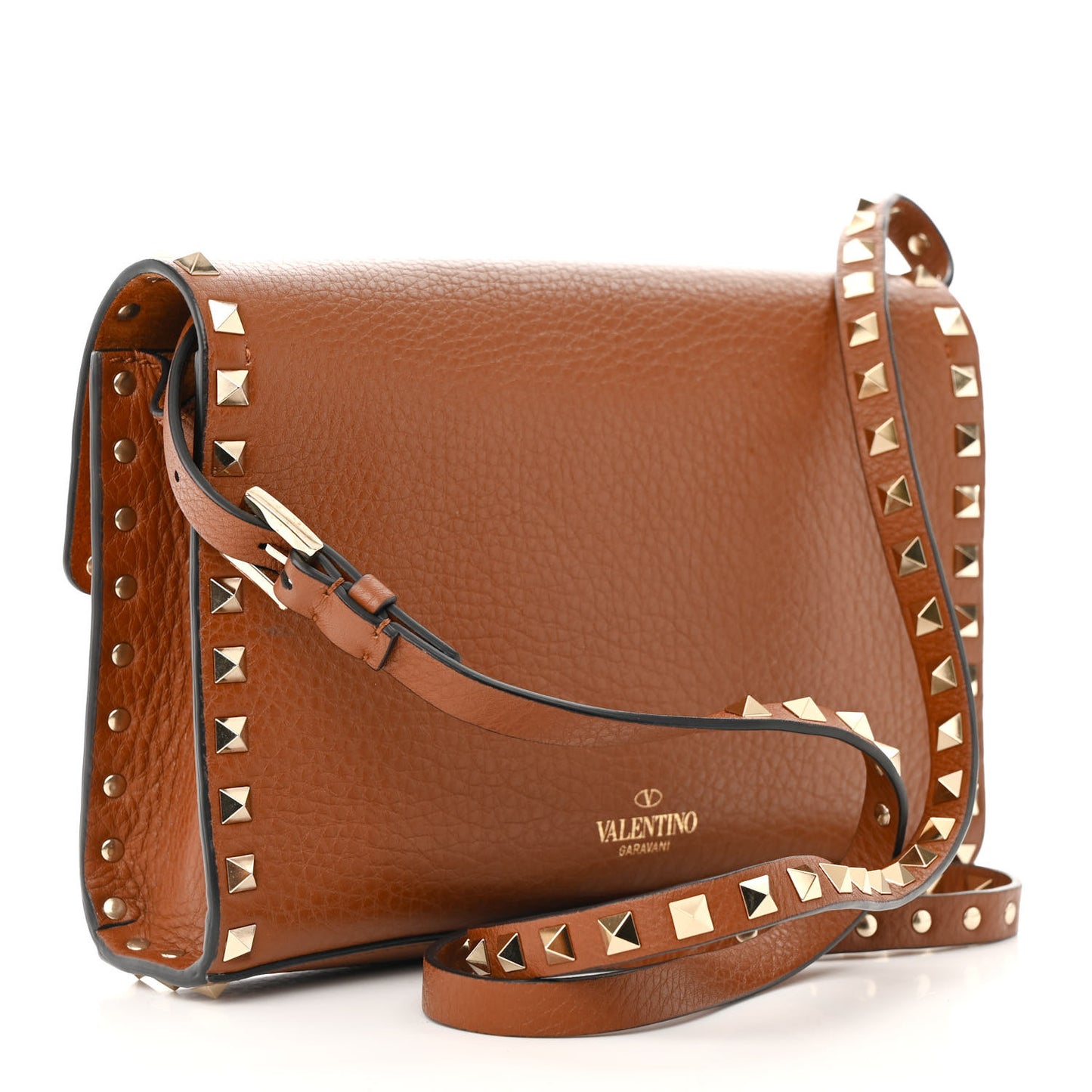 Pebbled Calfskin Medium Rockstud Flip Lock Crossbody Bag Saddle Brown