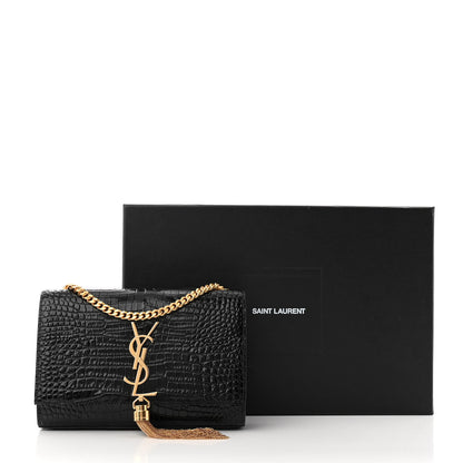 Saint Laurent Calfskin Crocodile Embossed Small Classic Monogram Kate Tassel Satchel Black 10 of 10