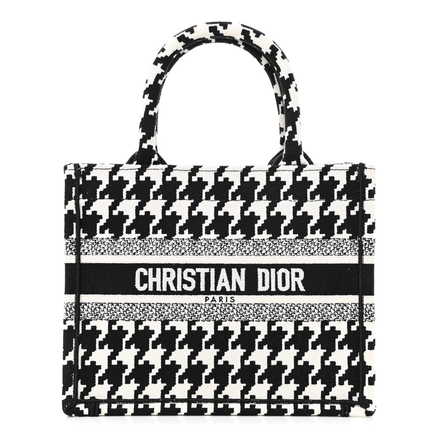 Canvas Houndstooth Embroidered Small Book Tote Black White