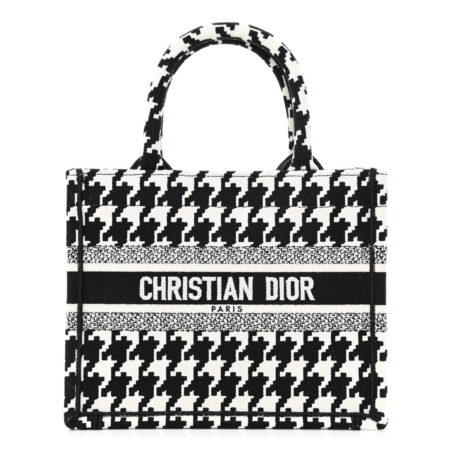 Christian Dior Canvas Houndstooth Embroidered Small Book Tote Black White 1 of 11