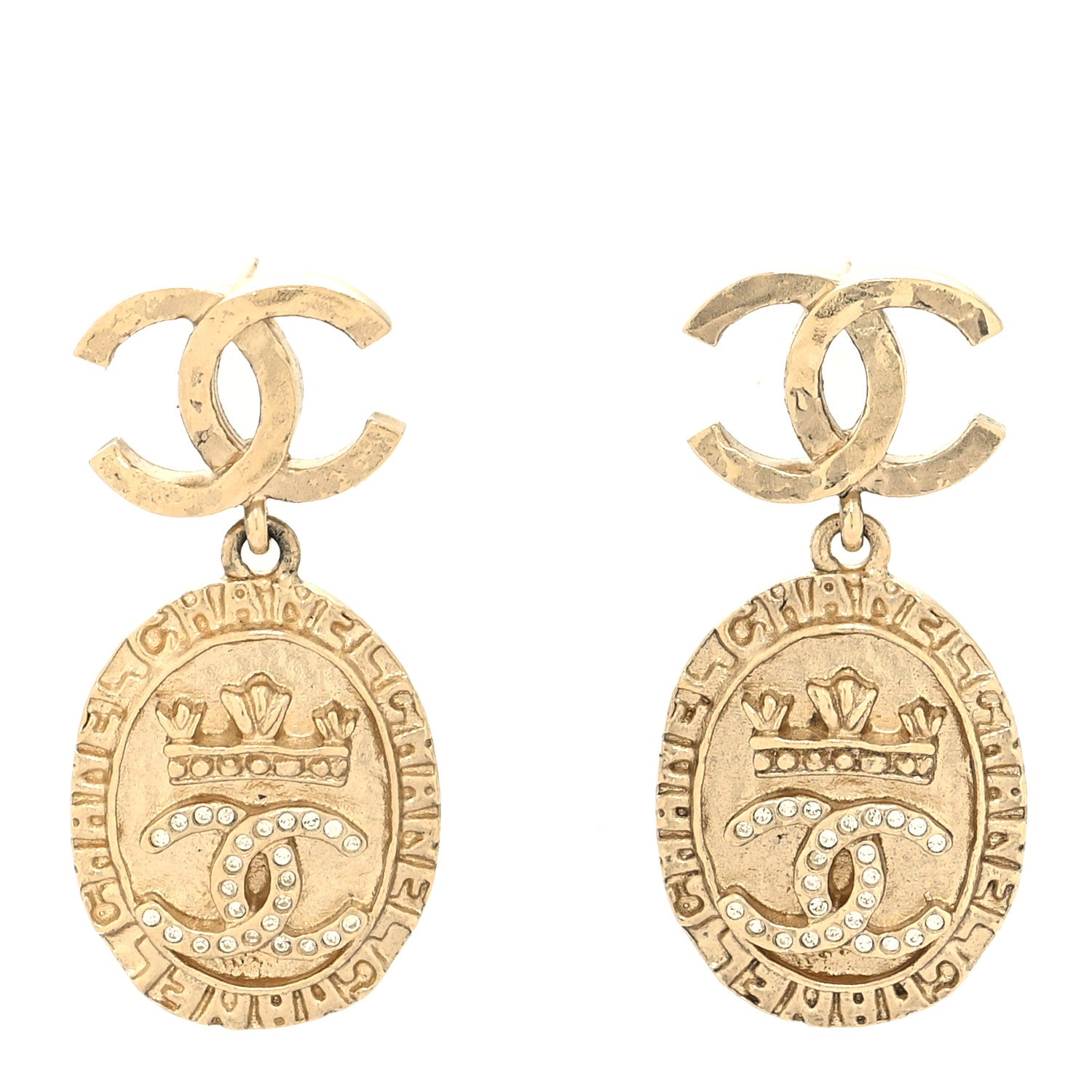 Chanel Crystal CC Medallion Drop Earrings Gold 1 of 4