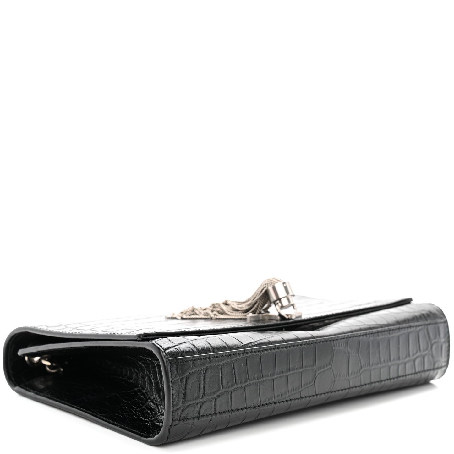 Calfskin Crocodile Embossed Medium Classic Monogram Kate Tassel Satchel Black